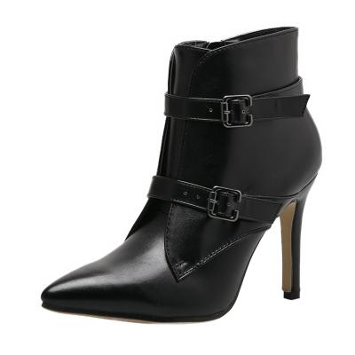 Oasap Buckle Strap Pointed Toe Stiletto Heels Side Zipper Boots