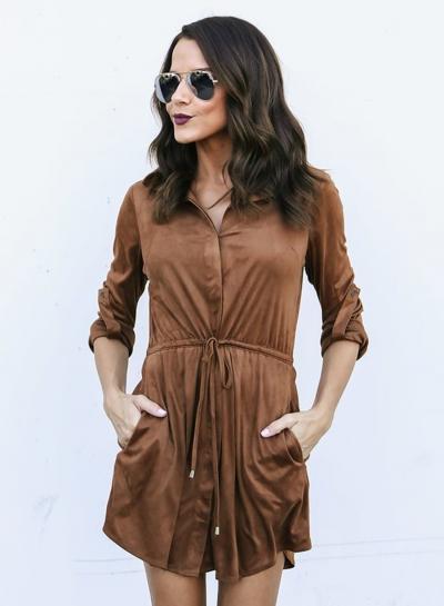 Oasap Solid Color Turn-down Collar Long Sleeve Drawstring Waist Shirt Dress