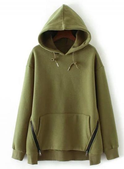 Oasap Long Sleeve Solid Color Fleece Side Slit Hoodie
