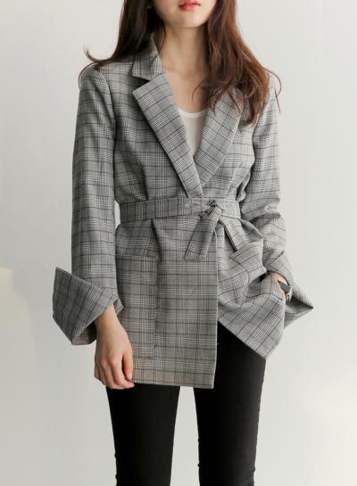 Oasap Turn Down Collar Long Sleeve Plaid Coat