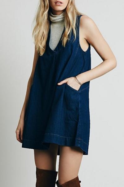 Oasap Deep V Loose Fit Sleeveless Denim Dress