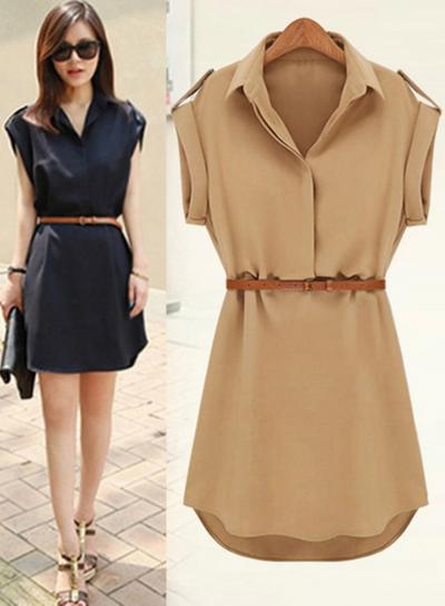 Oasap Turn-down Collar Solid Short Sleeve Midi Dresses