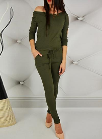 Oasap Off Shoulder Long Sleeve Drawstring Waist Jumpsuit