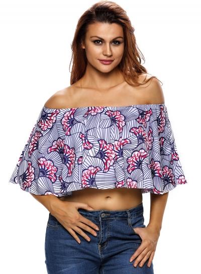 Oasap Fashion Half Sleeve Print Off Shoulder Crop Top