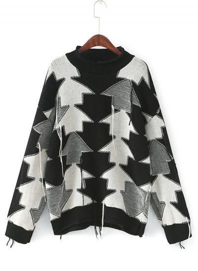Oasap Color Block Round Neck Long Sleeve Knit Pullover Sweater