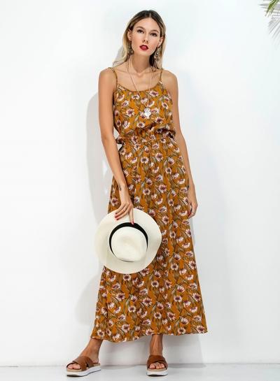 Oasap Spaghetti Strap Sleeveless Elastic Waist Floral Print Dress