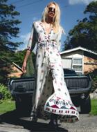 Oasap V Neck 3/4 Sleeve Drawstring Waist Maxi Printed Dress