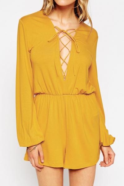 Oasap Chic Lace-up Front Elastic Waist Romper