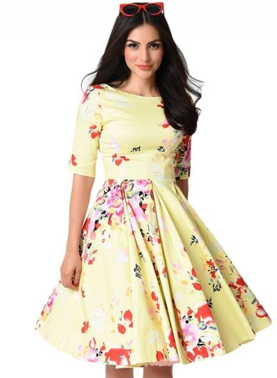 Oasap Vintage Style Floral Half Sleeve Swing Dress