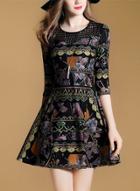 Oasap Floral Print Half Sleeve Round Neck A-line Dress