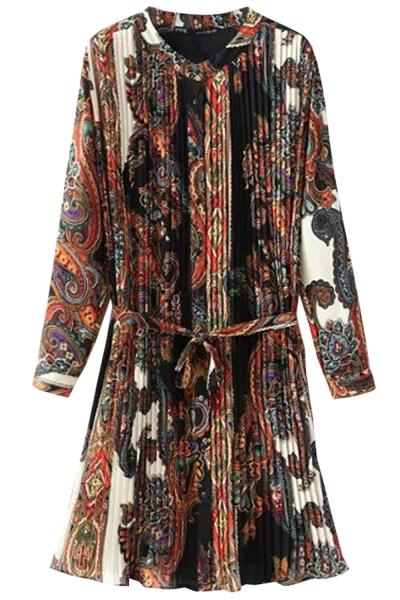 Oasap Vintage Floral Print Pleated Bleted Chiffon Dress