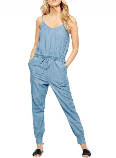 Oasap Women's Fashion Solid Spaghetti Strap Drawstring Waist Denim Jumpsuit