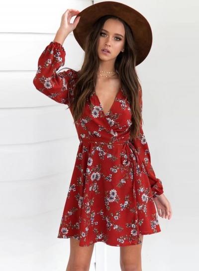 Oasap Floral Wrap V Neck Long Sleeve Dress