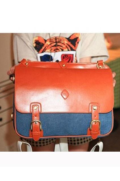 Oasap Preppy Style Contrast Canvas Panel Shoulder Bag With Pin Buckle