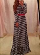 Oasap Fashion Long Sleeve Backless Stripe Maxi Dress