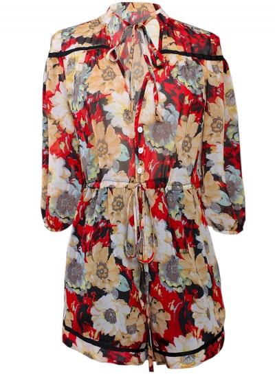 Oasap Women's Fashion Tie Waist 3/4 Sleeve Floral Print Romper