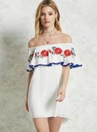 Oasap Off Shoulder Floral Embroidery Ruffle Mini Dress