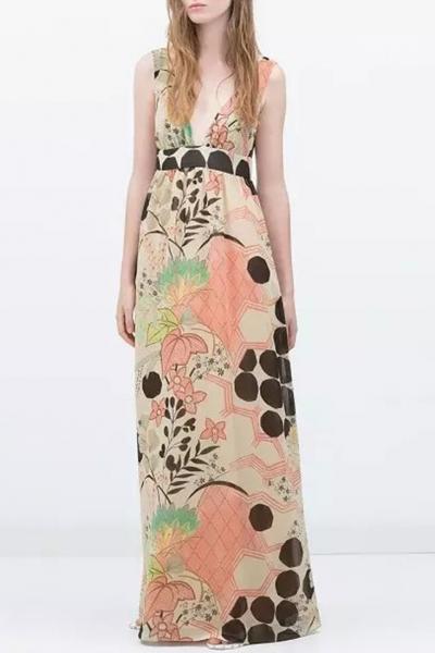 Oasap Goddess Floral Print V Neck Maxi Dress