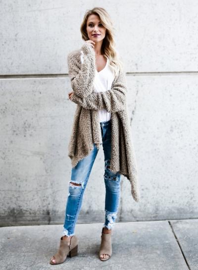 Oasap Solid Color Open Front Irregular Cardigan Sweater
