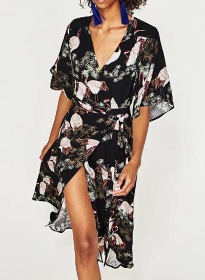 Oasap Floral Wrap V Neck Short Sleeve Slit Irregular Dress With Belt
