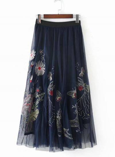 Oasap Net Yarn Embroidery Maxi Skirt