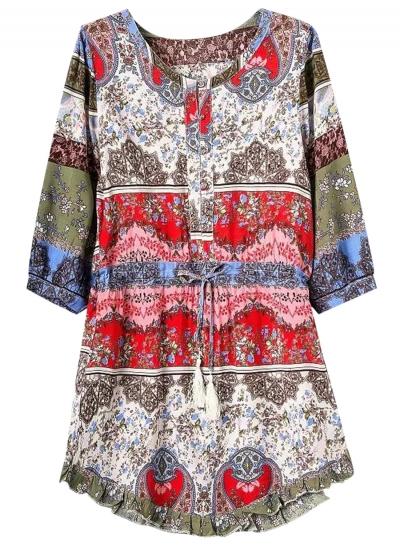 Oasap Women's National Wind Print Drawstring Waist Dress