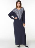 Oasap V Neck Batwing Sleeve Striped Splicing Maxi Dress
