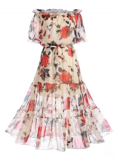Oasap Fashion Floral Printed Slash Neck Short Sleeve High Waist Ruffle Hem Dress