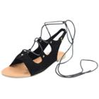 Oasap Women Black Ankle Lace-up Peep Toe Flat Sandals