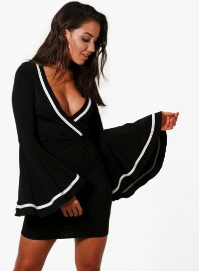 Oasap V Neck Flare Sleeve Color Block Dress