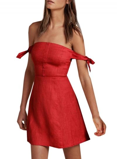 Oasap Women's Casual Solid Slash Neck Off Shoulder Dress