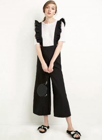 Oasap Ruffled Solid Wide Leg Ninth Overalls Pants