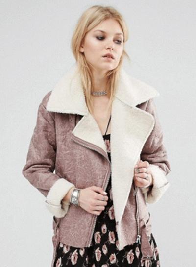 Oasap Women's Turn Down Collar Zip Front Shearling Jacket