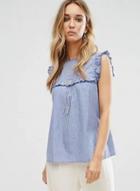 Oasap Striped Ruffle Trim Keyhole Shirt