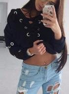 Oasap Boyfriend Style Eyelet Lace-up Ribbed Knit Sweatshirt