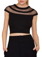 Oasap Women's Fashion Black Sheer Mesh Paneled Cap Sleeve Crop Top