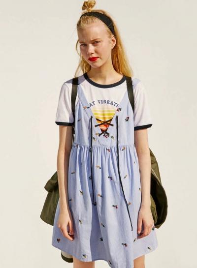 Oasap Striped V Neck Sleeveless Backlee Flora Embroidery Mini Dress