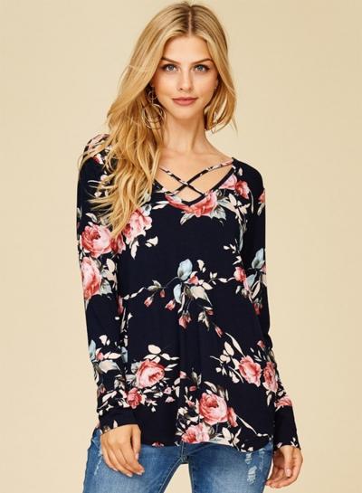 Oasap V Neck Criss Cross Floral Loose Tee