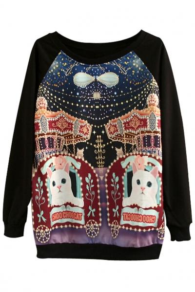 Oasap Lovely Black Graphic Paneled Kitten Print Sweatshirt