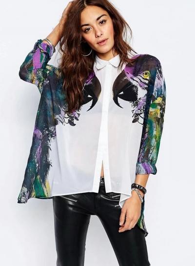 Oasap Parrot Print Long Sleeve Button Down Shirt