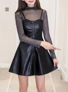 Oasap 2 Piece Long Sleeve Mock Neck Dress With Spaghetti Strap Pu Dress