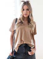 Oasap Casual Loose Striped Short Raglan Sleeve V Neck Tee Shirt