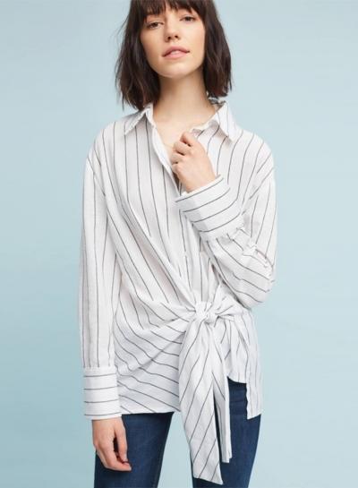 Oasap Stripe Tie Waist Button Down Shirt