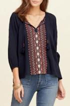 Oasap National Wind Embroidery Print Lace-up Neck Blouse