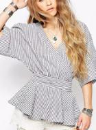 Oasap V Neck Half Sleeve Stripe Peplum Blouse With Belt