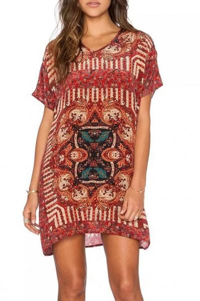Oasap National Wind Print V Neck Short Sleeve Dress