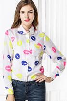 Oasap Multicolor Lip Print Button Down Blouse