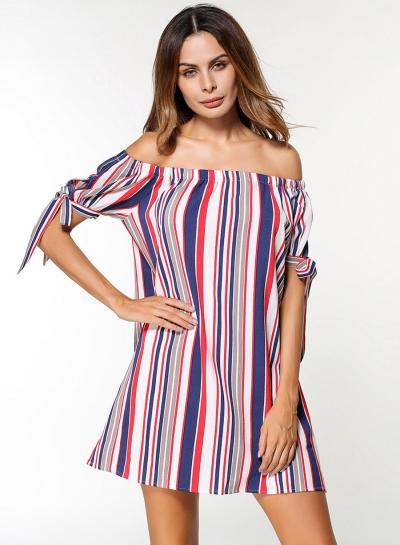 Oasap Slash Neck Short Sleeve Striped Mini Dress