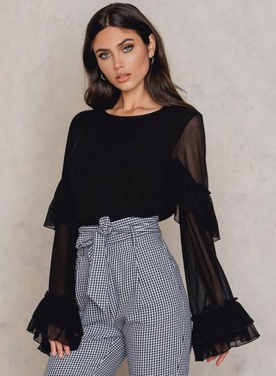 Oasap Casual Solid Color Flounce Sleeve Sheer Blouse