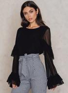 Oasap Casual Solid Color Flounce Sleeve Sheer Blouse
